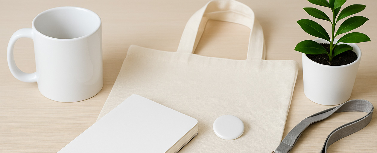 light promotional products set with mug, tote, notebook, badge, lanyard and green plant