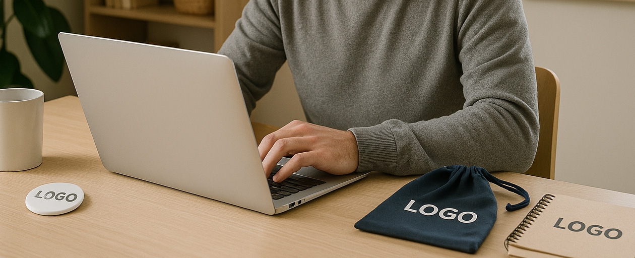 small office scene with person at desk using laptop and promotional products
